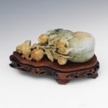 Chinese Carved Green Russet Jade Double Gourd Box on Carved Rosewood Stand, ca. Late Qing Dynasty