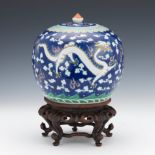 Chinese Porcelain Jar with Lid on Carved Rosewood Stand