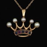 Crown Pendant Necklace with Pearls, Ruby and Sapphire