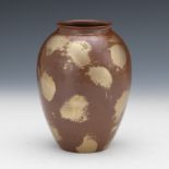 Japanese Gyokusendo Hand Hammered Copper Vase with Gold and Silver Splashes, Original Signed Wood B