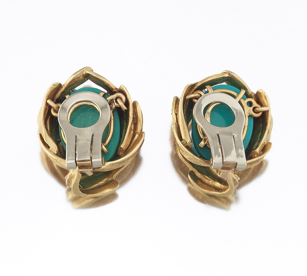 Ladies' Gold, Turquoise and Diamond Pair of Ear Clips - Image 6 of 7