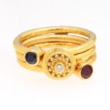 Three Ladies' 'Cevherun' Pure Gold, Diamond, Ruby and Blue Sapphire Stackable Rings