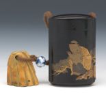 Japanese Takamakie Gold on Black Lacquer Inro, Carved Bone Netsuke and Porcelain Ojimi Bead, ca. La