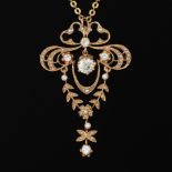 Ladies' Edwardian Gold, Diamond and Seed Pearl Pin/Brooch/Pendant on Chain