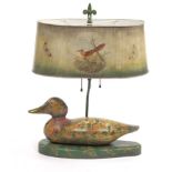 Duck Wooden Decoy and Decoupage Lamp with Tole Shade