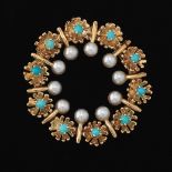 Ladies' Gold, Seed Pearl and Turquoise Pin/Brooch