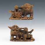 Pair of Carved Wood Lions with Cubs