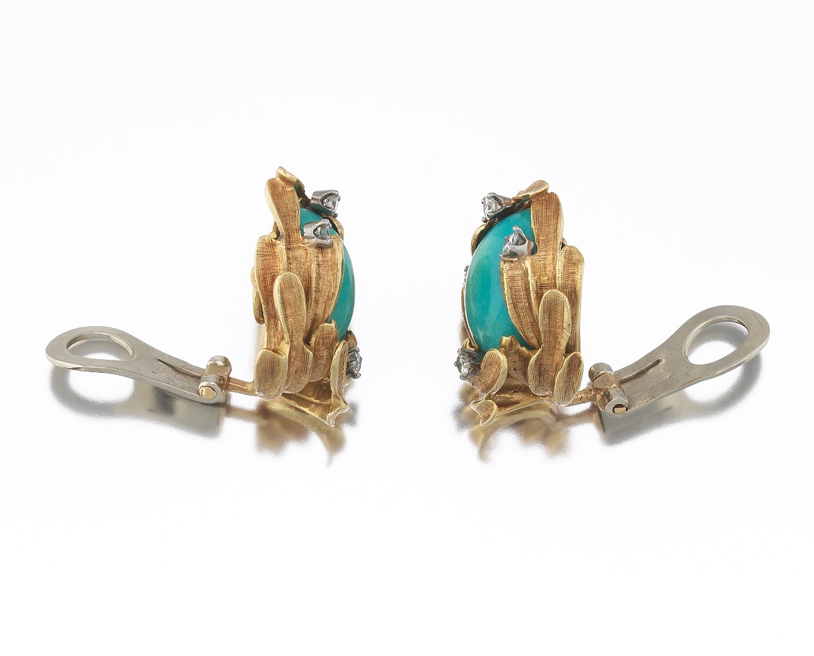 Ladies' Gold, Turquoise and Diamond Pair of Ear Clips - Image 4 of 7