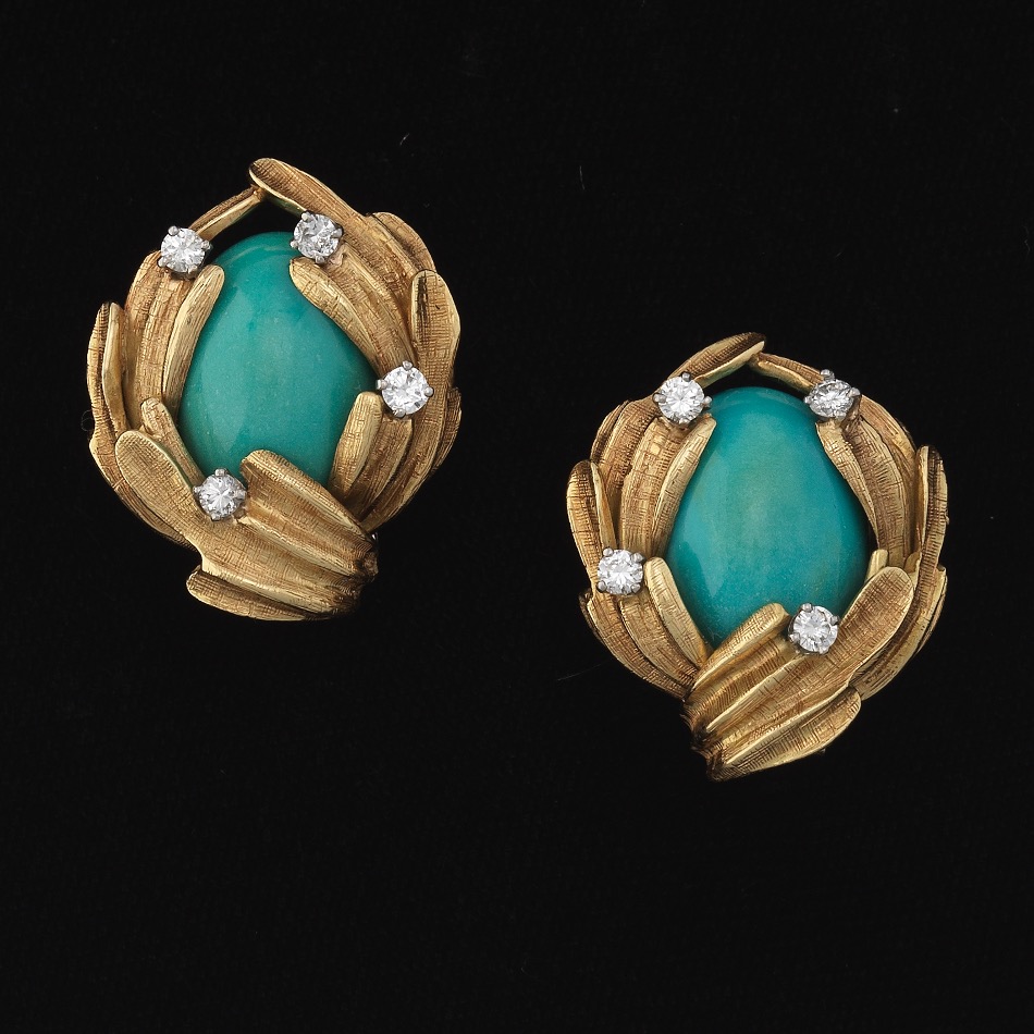 Ladies' Gold, Turquoise and Diamond Pair of Ear Clips