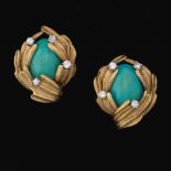 Ladies' Gold, Turquoise and Diamond Pair of Ear Clips