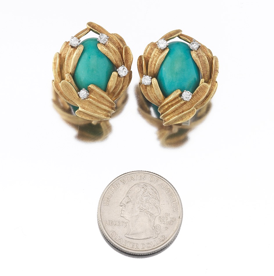 Ladies' Gold, Turquoise and Diamond Pair of Ear Clips - Image 2 of 7