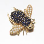 Large Gold, Blue Sapphire and Diamond Bee Clip-On