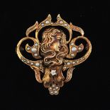 Art Nouveau Gold, Seed Pearl and Diamond Pendant Brooch