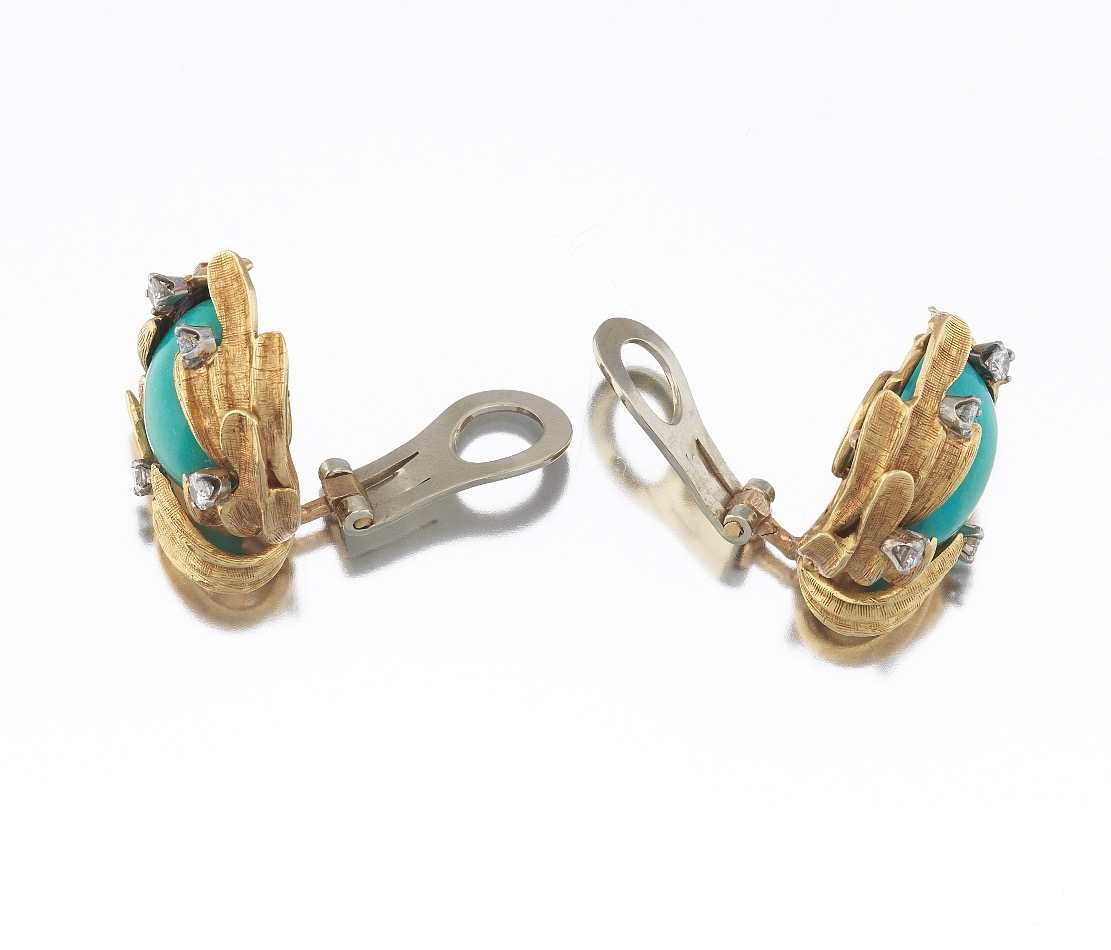 Ladies' Gold, Turquoise and Diamond Pair of Ear Clips - Image 5 of 7