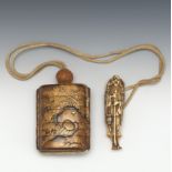 Japanese Takamakie Gold on Black Lacquer Inro, Carved Bone Netsuke and Carved Nut Ojimi Bead, ca. L