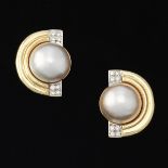 A Pair of Gold, Mabe Pearl and Diamond Earrings