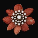 David Webb Gold, Carved Coral and Diamond Floral Pin/Brooch