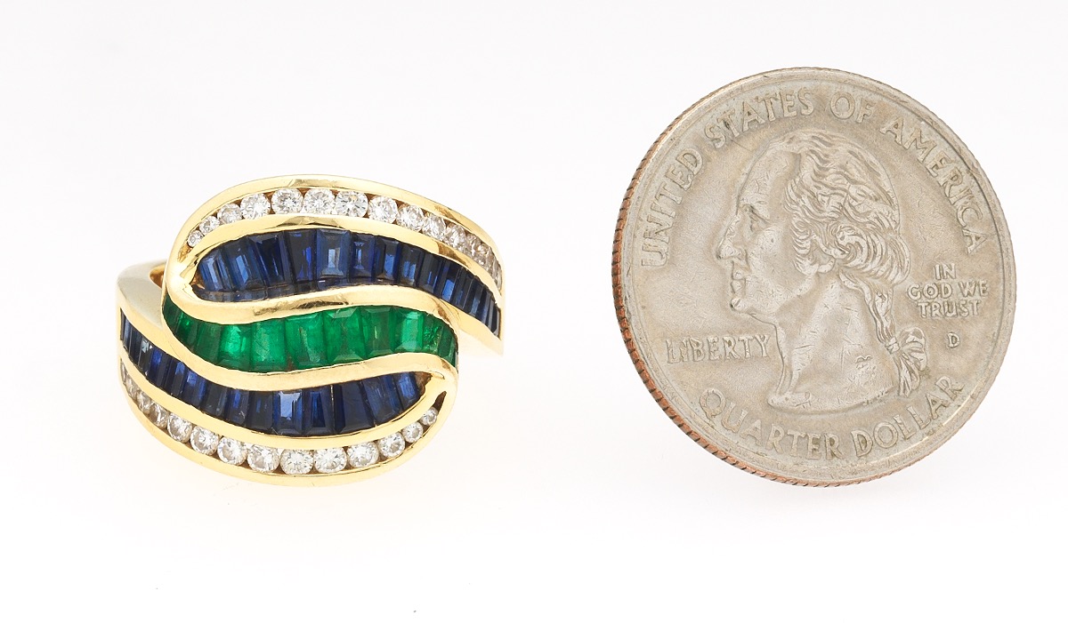 Charles Krypell Gold, Blue Sapphire, Emerald and Diamond Scroll Fashion Ring - Image 2 of 6