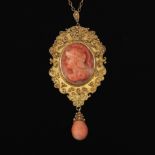 Ladies' Victorian/Edwardian Gold and Angel Skin Coral Pendant on Chain