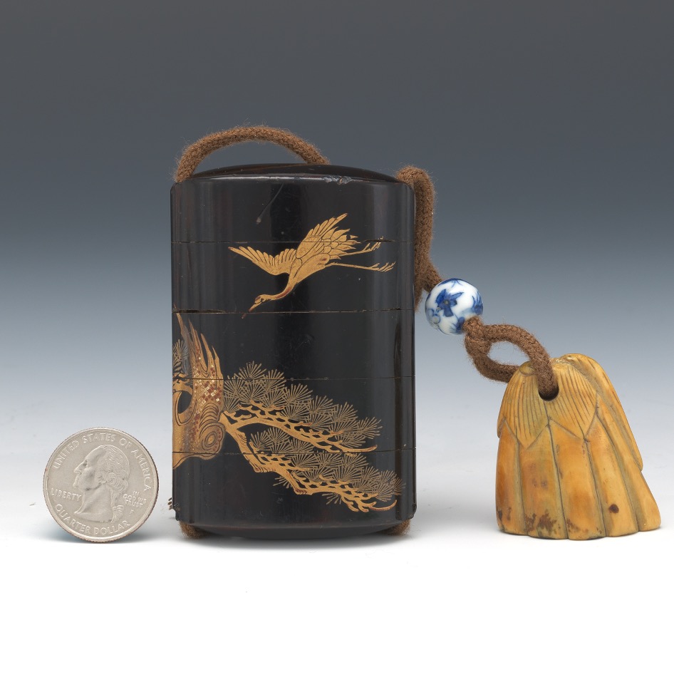 Japanese Takamakie Gold on Black Lacquer Inro, Carved Bone Netsuke and Porcelain Ojimi Bead, ca. La - Image 2 of 7