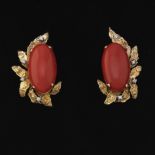 Ladies' Gold, Coral and Diamond Pair of Earrings