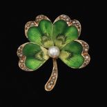 Victorian Shamrock Gold, Green Enamel and Seed Pearl Pendant