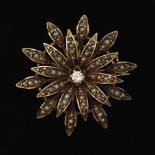 Victorian Gold, Diamond and Seed Pearl Starburst Brooch Pendant