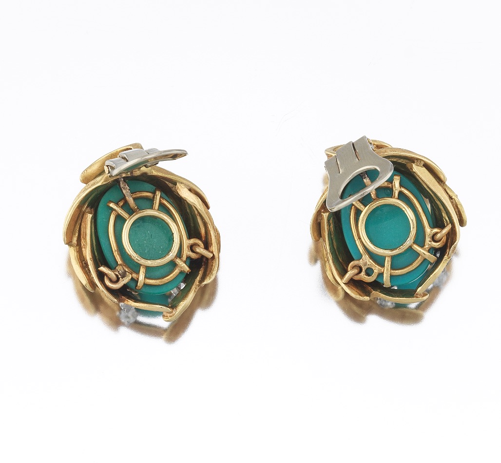 Ladies' Gold, Turquoise and Diamond Pair of Ear Clips - Image 7 of 7