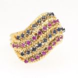 Ladies' Gold, Blue Sapphire and Ruby Scroll Ring