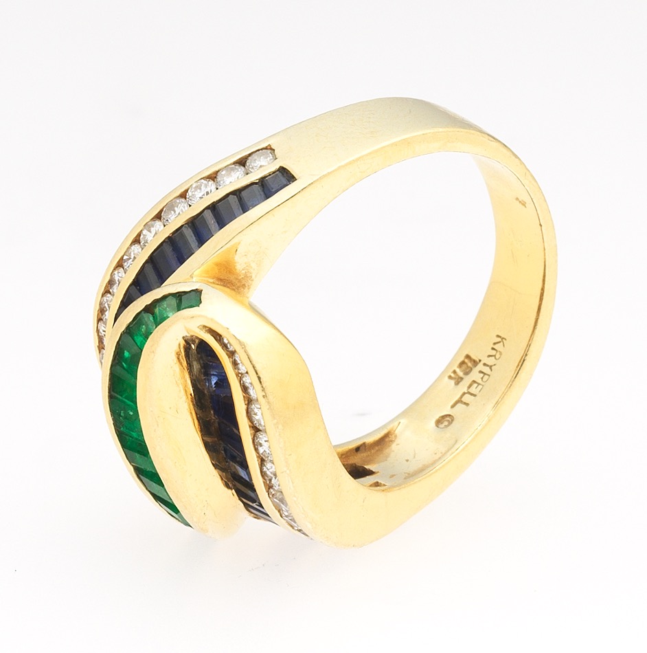 Charles Krypell Gold, Blue Sapphire, Emerald and Diamond Scroll Fashion Ring - Image 6 of 6