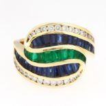Charles Krypell Gold, Blue Sapphire, Emerald and Diamond Scroll Fashion Ring