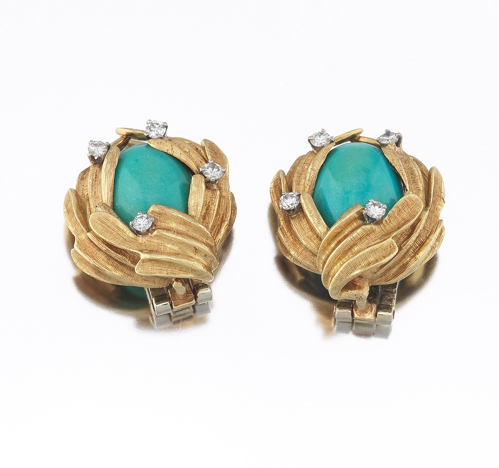 Ladies' Gold, Turquoise and Diamond Pair of Ear Clips - Image 3 of 7
