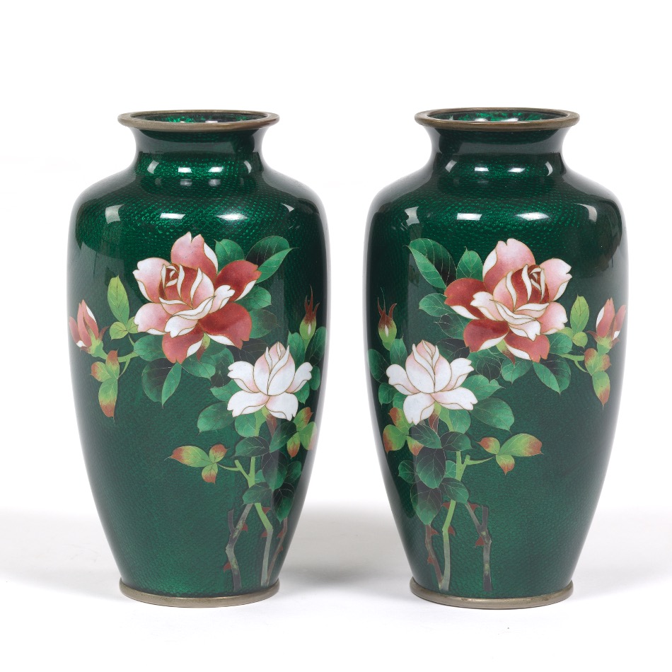 Pair of Chinese Mirror Image Ginabri CloisonnÃ© Enameled Vases