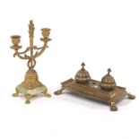 Empire Style Gilt Bronze Standish and Two-Light Candelabra