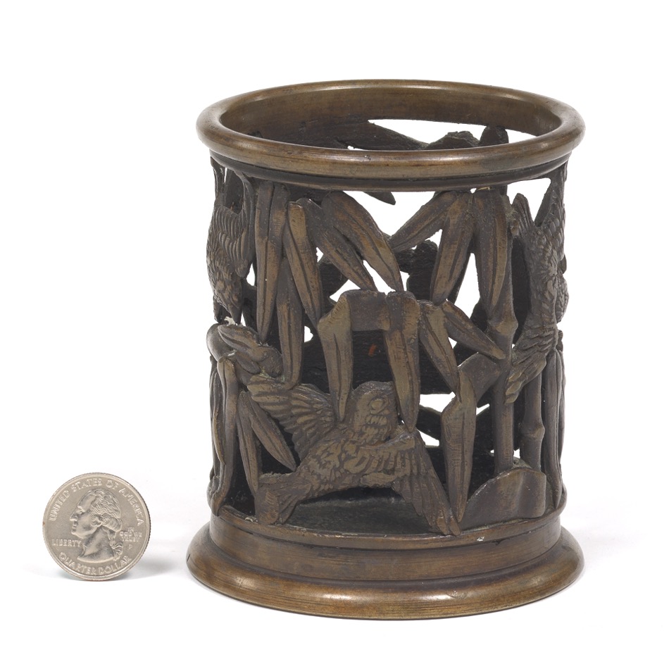 Chinese Bronze Sparrows and Bamboo Brush Holder - Image 2 of 6