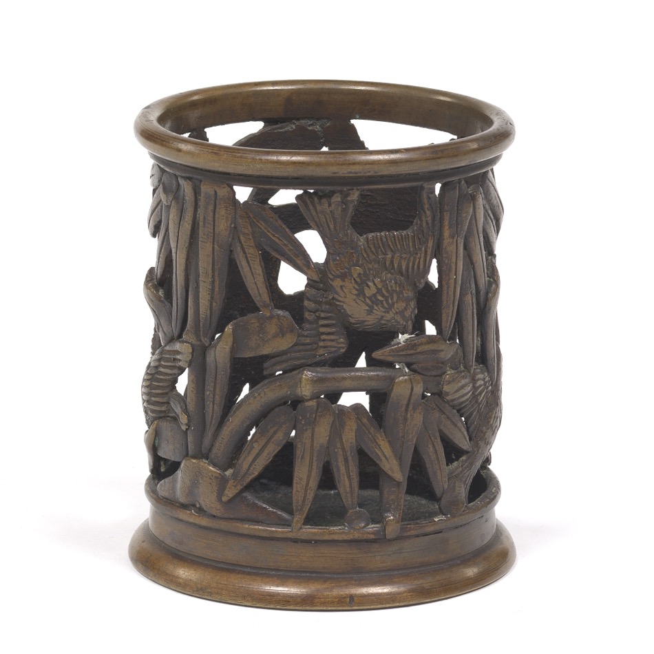 Chinese Bronze Sparrows and Bamboo Brush Holder - Image 3 of 6