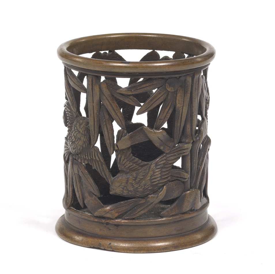 Chinese Bronze Sparrows and Bamboo Brush Holder - Image 4 of 6