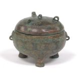 Chinese Archaic Style Patinated Bronze Tripod Container with Cover