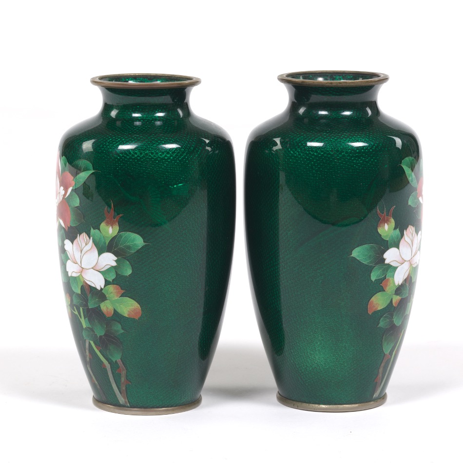 Pair of Chinese Mirror Image Ginabri CloisonnÃ© Enameled Vases - Image 4 of 6