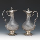 Pair of Flamant & Fils Glass and 950 Silver Claret Jugs