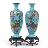 Japanese Pair of CloisonnÃ© Enamel Vases on Carved Wood Stands