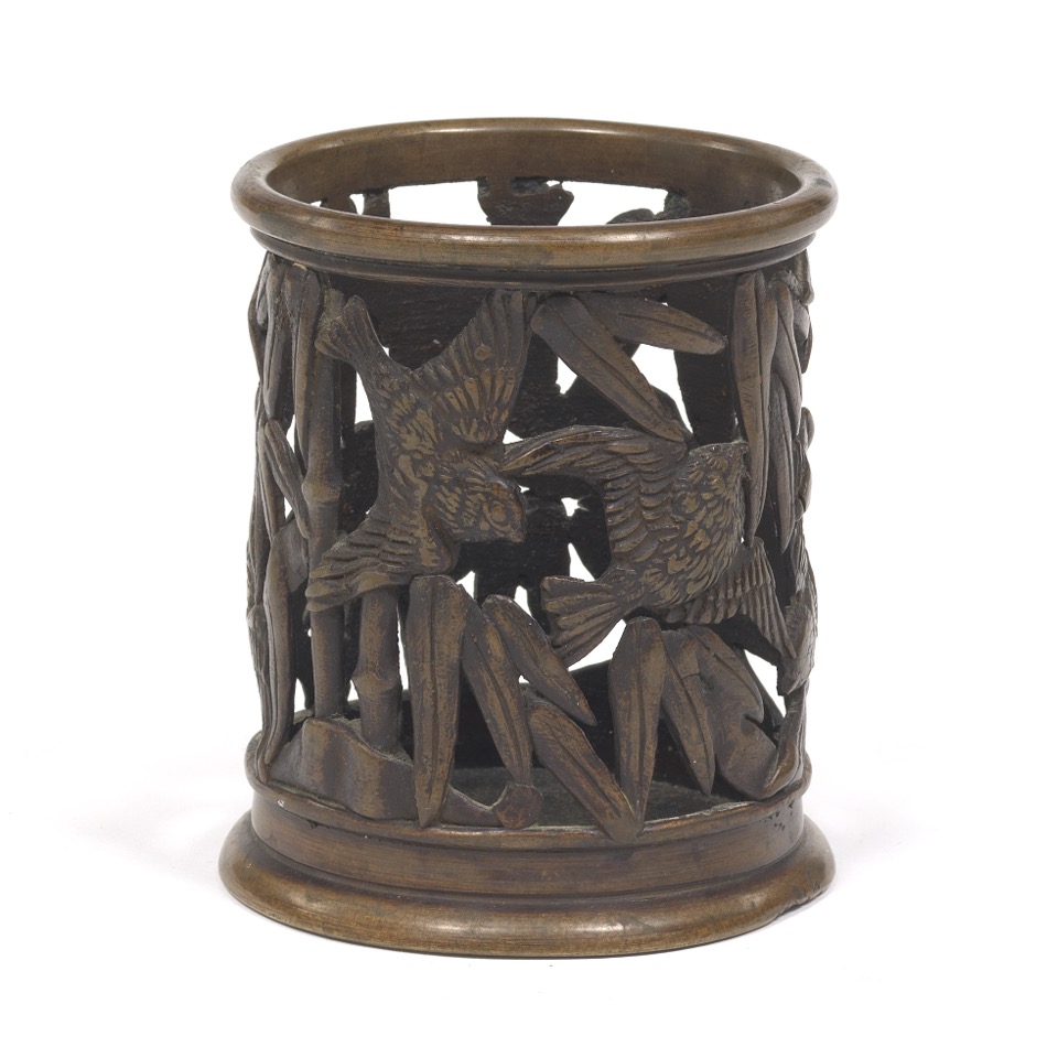 Chinese Bronze Sparrows and Bamboo Brush Holder