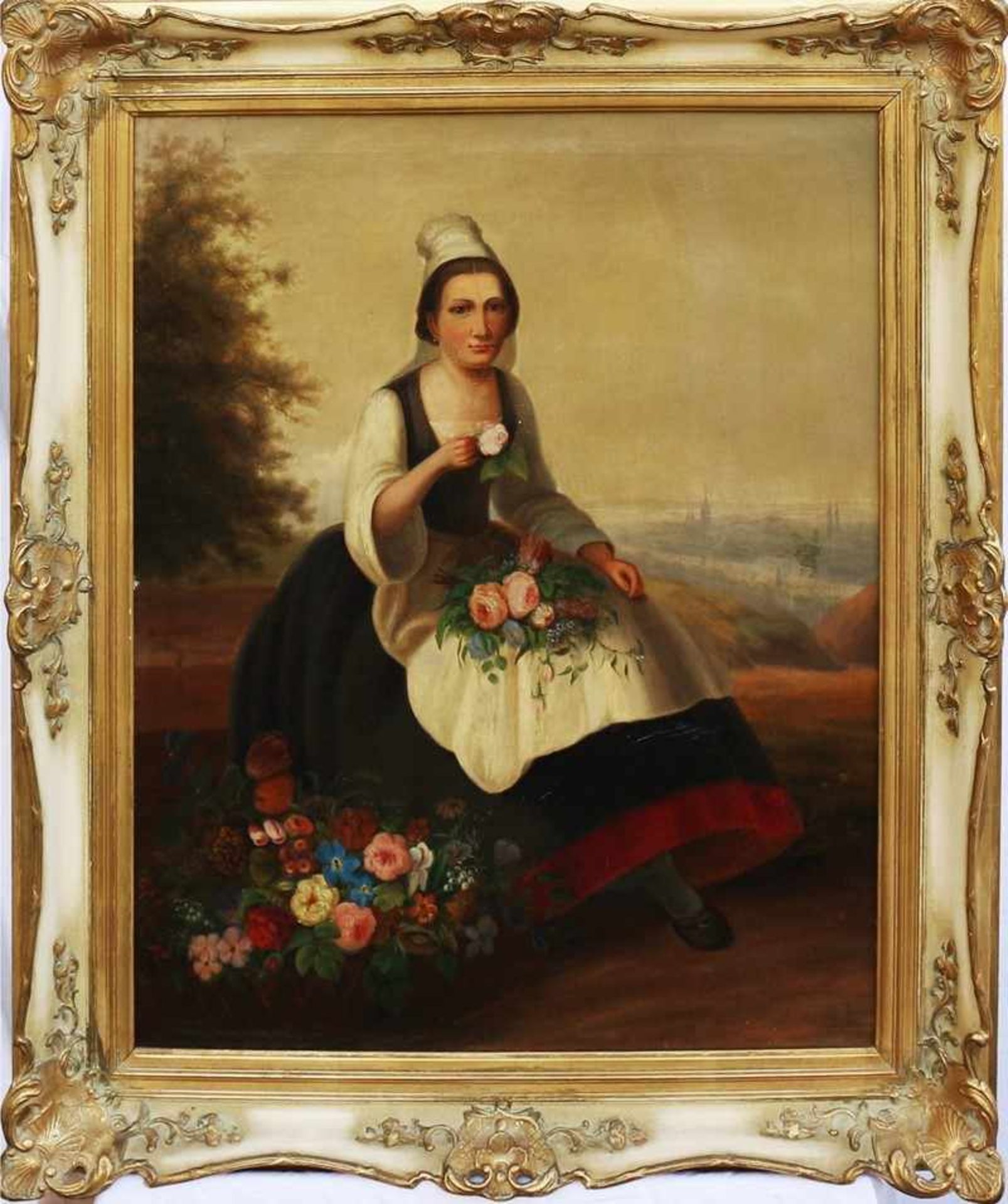 Dübell, L. "Blumenmädchen vor Großstadtkulisse", Öl/Lwd., harmonische Farbpalette, feiner Duktus,