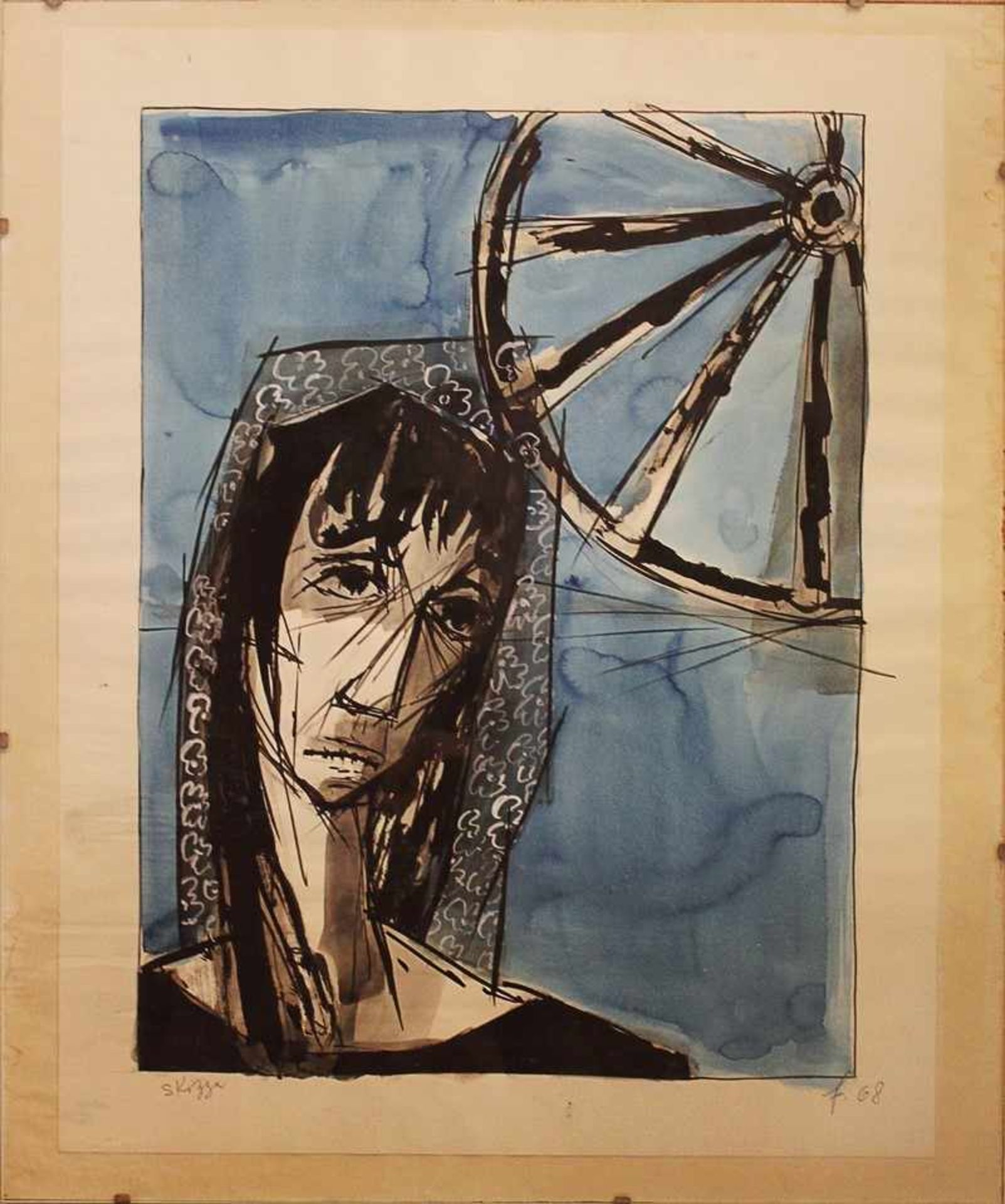 Fischer, Cuno "Frauenportrait mit Rad", Mischtechnik in schwarz/weiß u. Blau, li. un. bez. "Skizze",