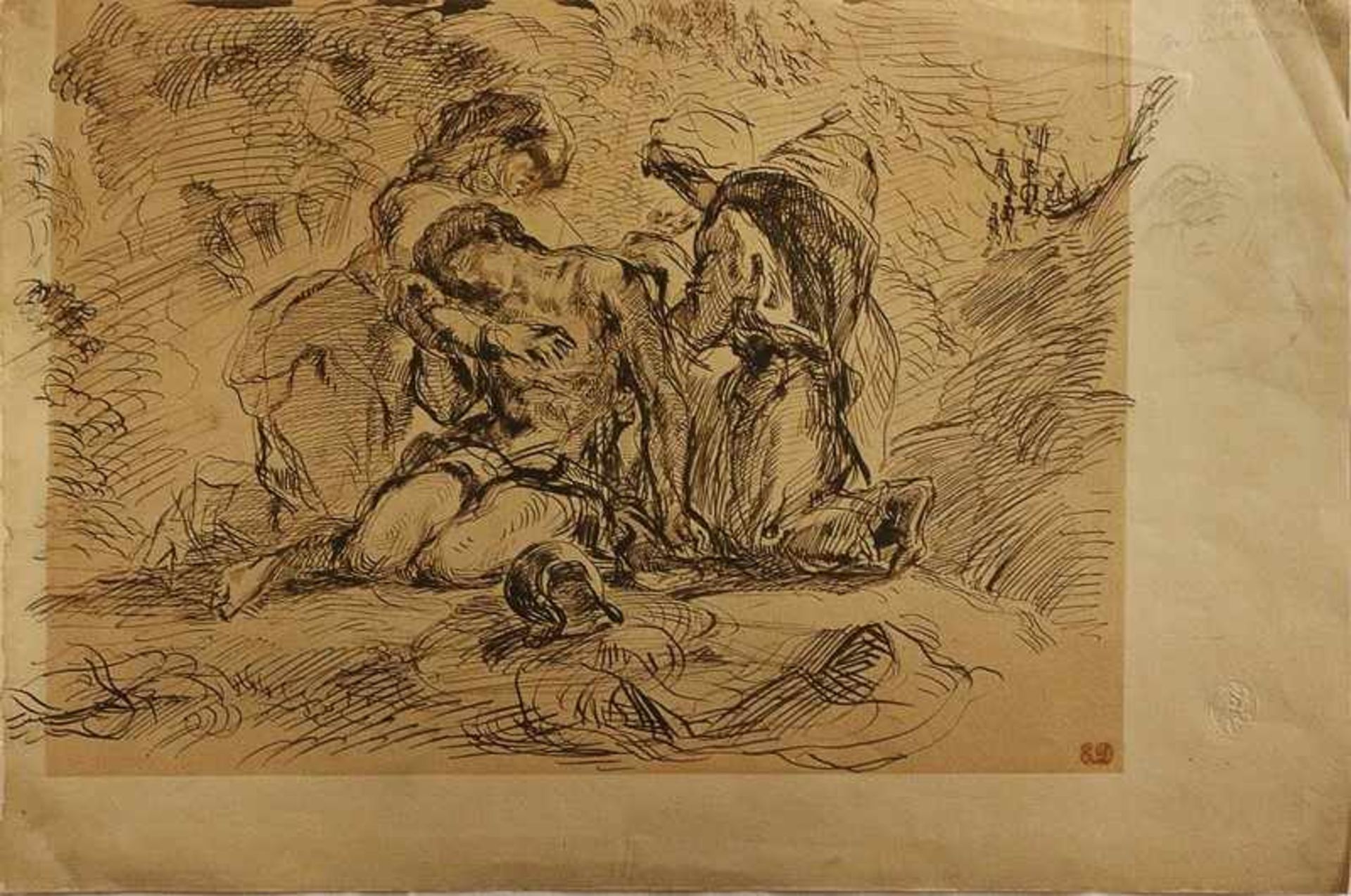 Delacroix, Eugène 1788 Charenton-St-Maurice - 1863 Paris, "Biblische Szene", Litho., Sammlungsblatt,