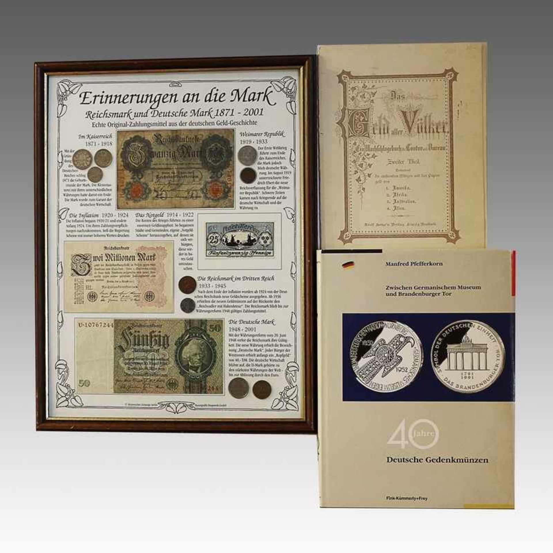 Konvolut Collage "Erinnerungen an die Mark" Reichsmark und Deutsche Mark 1871-2001, Histor.