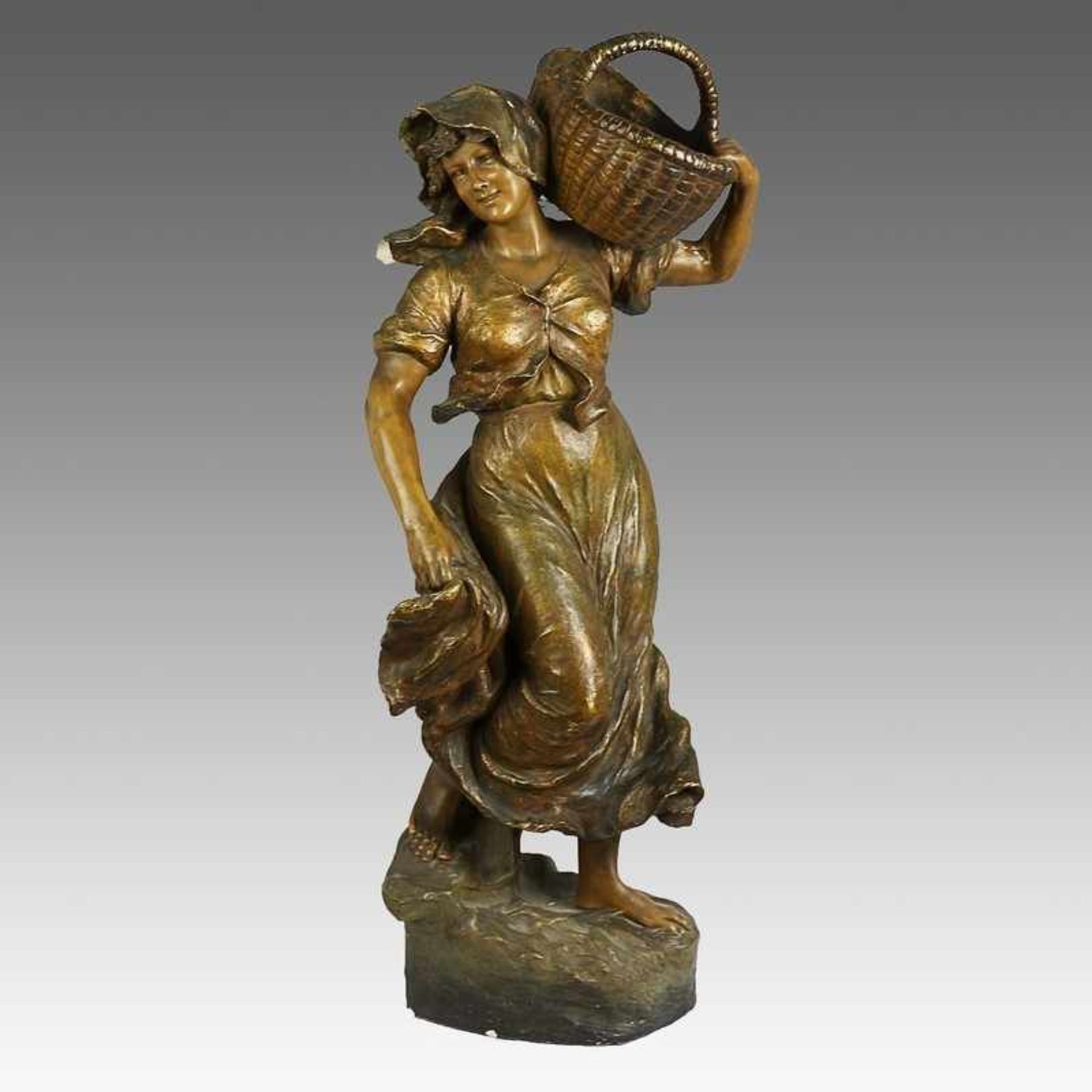 Goldscheider - Skulptur um 1900, rs. Marke, Nr. 2909 66 16, Keramik, braun u. goldfarben gefasst,