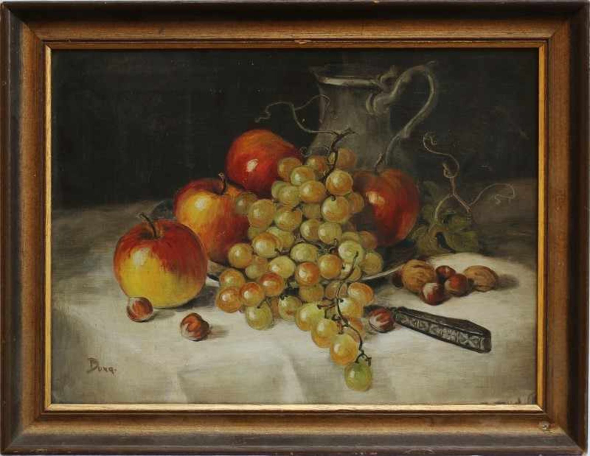 Duxa "Obststillleben mit Äpfel und Trauben", Öl/Lwd., gedeckte Farbpalette, lockerer Duktus,
