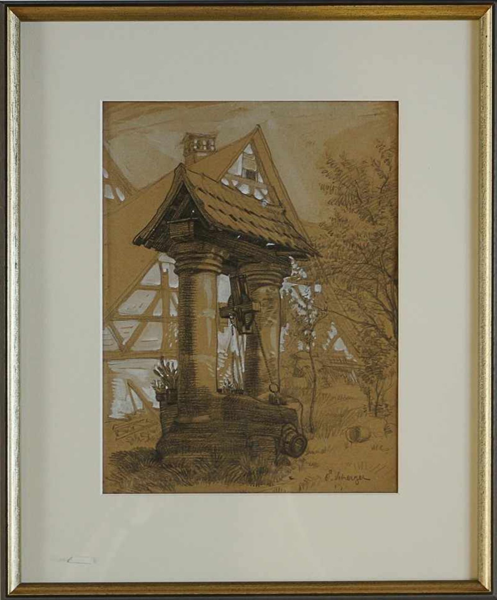 Scherzer, Conrad "Alter Ziehbrunnen in Heroldsberg", Bleistiftzeichnung, weiß gehöht, re. un.