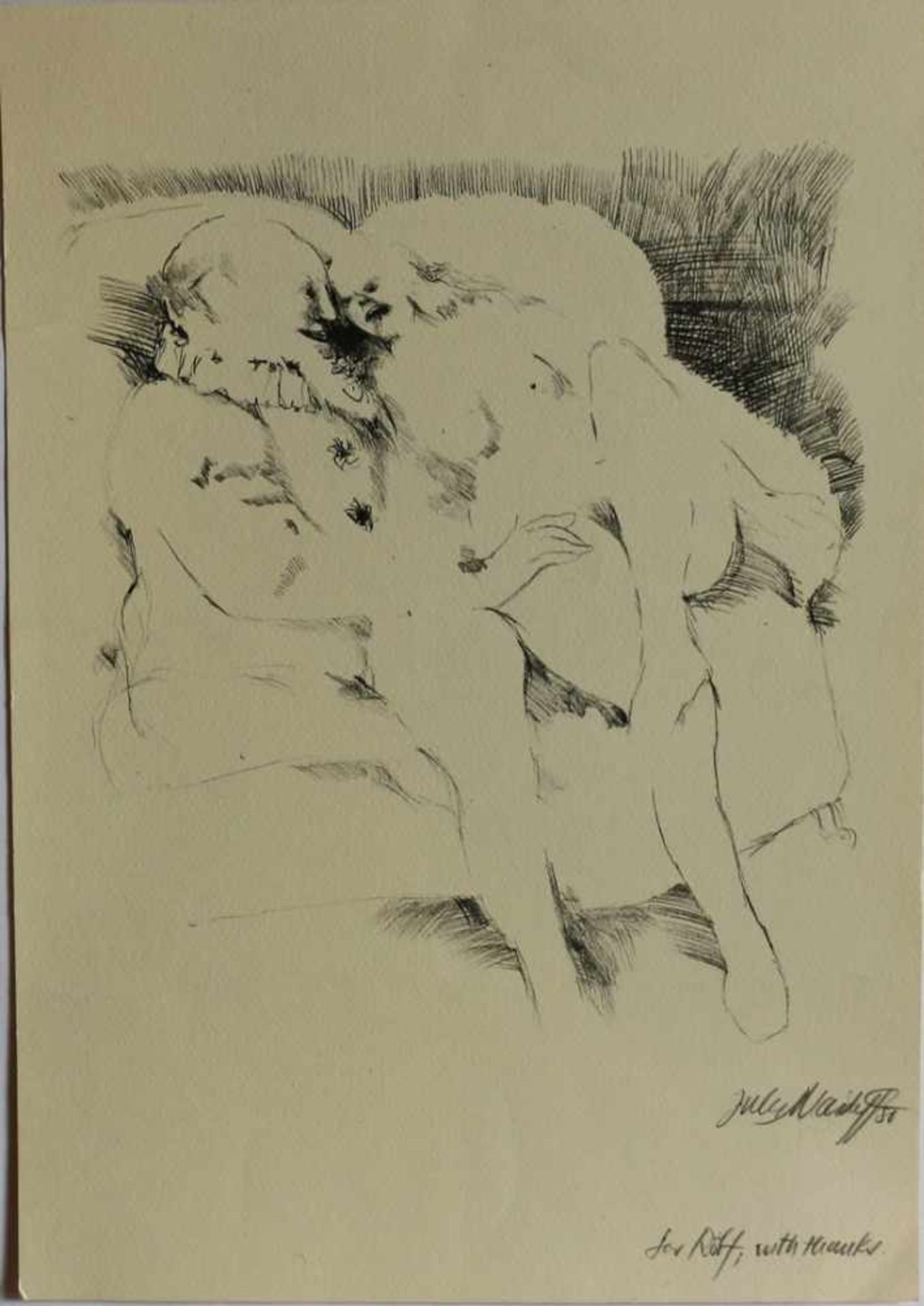 Maidoff, Jules "Erotische Szene im Bett", Litho., re. un. sign. u. dat. 80, m. Widmung, knickspurig,